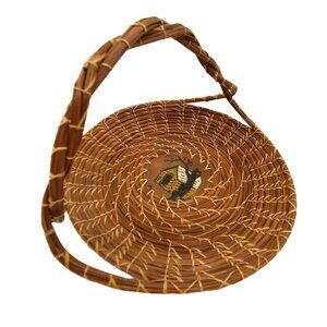 VTG Handcrafted Coiled Pine Needle Basket With Twisted Handles & Hand Painted